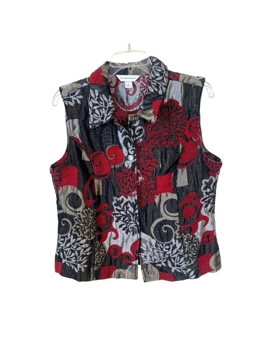 Christopher & Banks Womens Vest Sleeveless Button Up Red Gray Black Floral Mediu